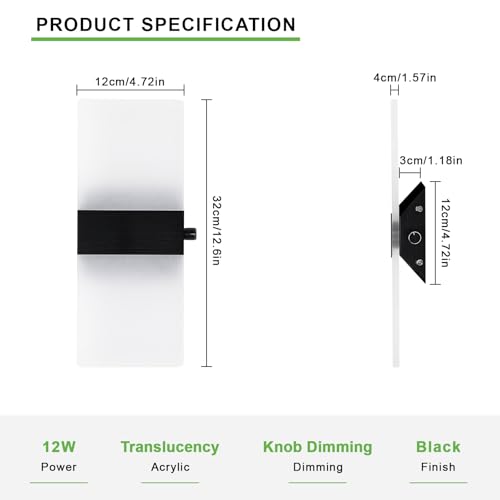 Image of Lightess Indoor Wall Sconce with Switch, Black, LED, Warm White, 1 Pack | Hardwired, Dimmable, Acrylic, For Bedroom Living Room Hallway
