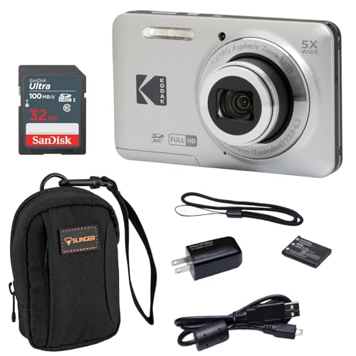 KODAK PIXPRO FZ55-SL 16MP Digital Camera 5X Optical Zoom 28mm Wide Angle 1080P Full HD Video 2.7 LCD Vlogging Camera. Bundle with SD Card and Slinger Camera Bag (Silver)