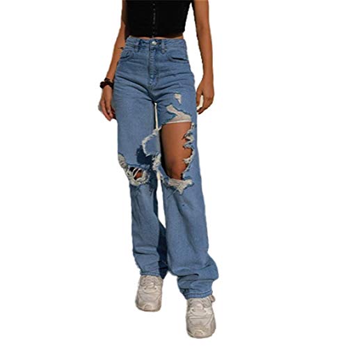Yuemengxuan Women Ripped Jeans, Ladies Fashion Hollow Out Baggy High Waist Denim Pants Female Casual Loose Trousers