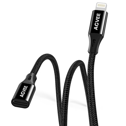 AGVEE 4 inch Lightning Extension Cable, Braided Female to Male Extender Full Function Cord Compatible with iPhone iPad, Data Sync Video Audio & Charging Connector Adapter, Black