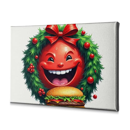 Toile visage rouge joyeux Noël et hamburger 40x60cm pour déco murale