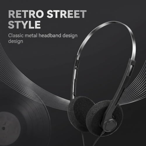 Image of Black Retro Over-Ear Earphones,Mini Stereo Lightweight Headphones with Cord,Hi-Fi Stereo Earphone Headset,80s 90s Vintage Headset Wired, Headphones and Earbuds