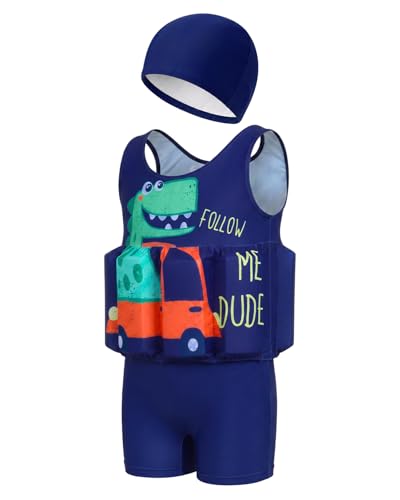 Image of DivingBirds Toddler Floatie Swimsuit with Hat for Boys Girls, Sleeveless Swim Suit with Floatation, 1-6Y