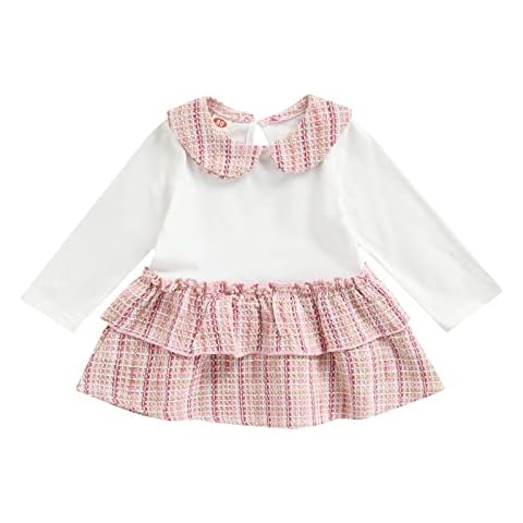 Infant Baby Girl Dress Lapel Long Sleeve Plaid Multi Layer Short Dress for Spring Baby Girl Clothes for 0-24 Months (White, 12-18 Months) Cover