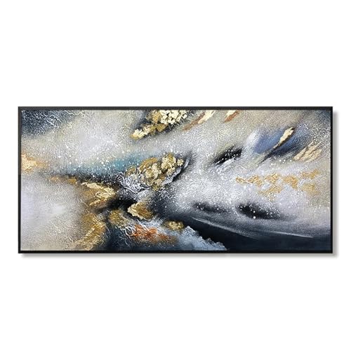 Art mural moderne tableau abstrait or et bleu 55x110 cm encadré pour salon chic