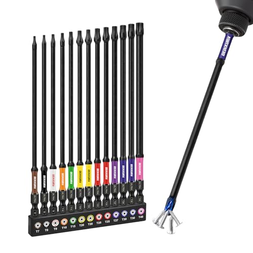 GEINXURN 13tlg. Torx Schrauber Bit Set Schlagfester T7-T40 150mm Länge 1/4 Zoll Sechskantschaft S2 Legierter Stahl Magnetische Schrauberbitsatz Farbcodierte Basis