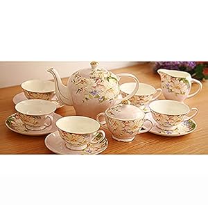 15 Pieces Porcelain Tea Sets for Adults Bone China Vintage Coffee Cups and Saucer Service of 6, with Teapot, Sugar Bowl, Creamer Pitcher for Wedding and Household,Pink (Pink)