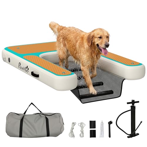 PawHut Rampe d'Eau Gonflable pour Chien, Surface Antidérapante en EVA, Anneaux D, Cordes, Pompe, Sac de Rangement, Rampe Gonflable pour Chien jusqu'à 100kg, 151x102x15cm, Orange