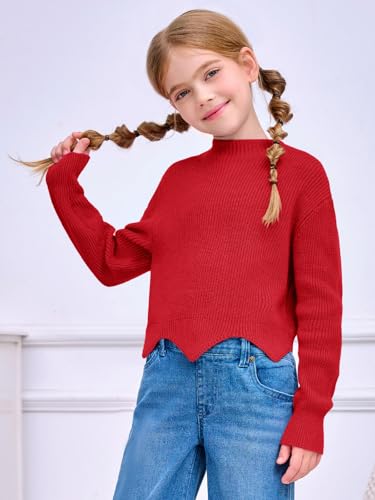 Image of Haloumoning Girls Mock Neck Sweaters Kids Fall Fashion Long Batwing Sleeve Rib Knit Pullover Clothes 5-14 Years
