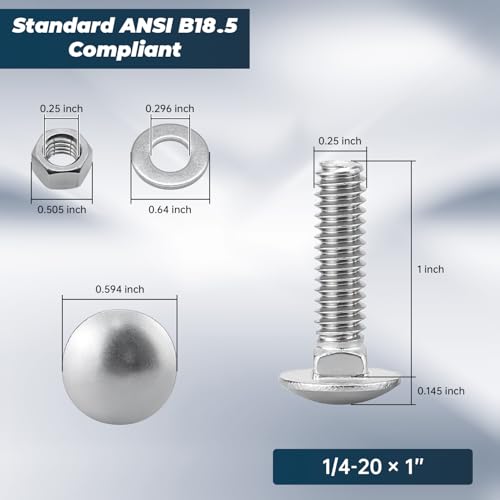 Image of 1 /4-20 x 1 Inch Carriage Bolt Kit, 304 Stainless Steel (18-8) with Hex Nuts & Flat Washers - 10 Sets, Round Head Square Neck, Full Thread Coverage by Glvaner