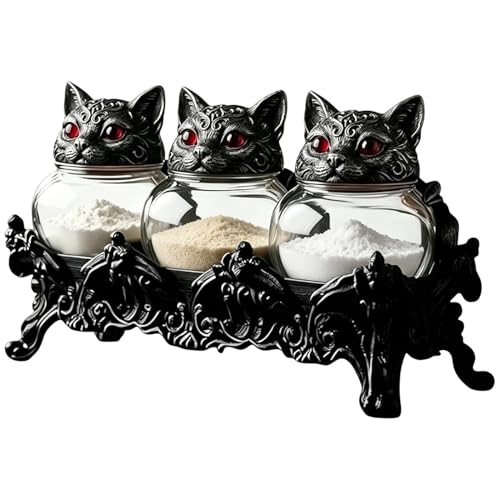 Generico Tarro de – Recipientes herméticos de cabeza de gato de 3 piezas, tarros para condimentos para el té de estilo gótico con , recipientes de hojas de té, sal, pimienta, organizador de Pe