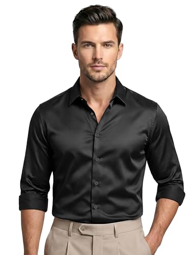 Image of BEYOUNG Regular Fit Formal Satin Shirt for Men | Full Sleeves | Men's Stylish Satin Silk Shirt | Formal Shirt | Buttondown Collar | Satin Solid Shirt for Men