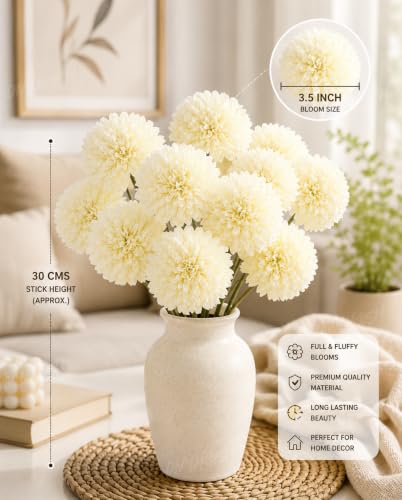 Image of Divyakosh Artificial Hydrangea Flower Sticks for Vase (Vase Not Included), Pack of 6, 3.5 Inch (8.9 cm) Large Bloom, White Artificial Flowers for Home Decor, Decorative Artificial Dahlia Flowers