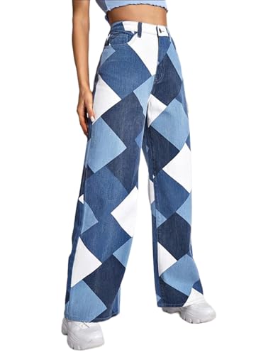 Women's High Waist Straight Wide Leg Jeans Stretchy Baggy Bootcut Geometric Print Boyfriend Denim Pants Y2K