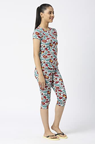 Image of SINI MINI Round Neck with Half Sleeve Top & Capri Beige Girls Casual Pack of 1 Night Suit Set