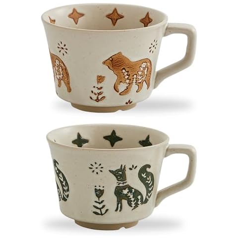 Swuut 12oz Rustic Ceramic Coffee Mug Set of 2 - Handmade Pottery Countryside Coffee Mugs with Big Handle for Latte,Tea,Milk,Hot Cocoa,Dishwasher & Microwave Safe(Animals) Cover