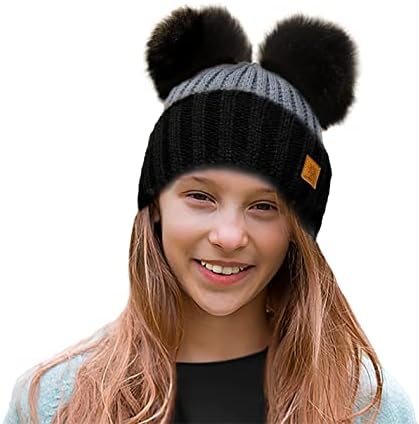 4sold Ribbed Striped Thermal Insulating Bobble Funny Beanie Baby Kids Girls Boys Hat Wool Knitted with Pom Pom Winter Warm SKI Snowboard Hats