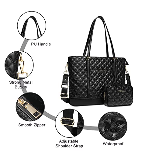 MOSISO Laptop Tote Bag for Women, 15.6 inch Briefcase Computer Bag Compatible with MacBook, HP, Dell, Asus Notebook, 16 inch Large Capacity Rhombus Quilted Leather Laptop Bag with Small Purse, Black3
