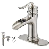 Single Hole Waterfall Bathroom Faucet Burshed Nickel One Handle for Vessel Sink with Brass Pop Up Dr