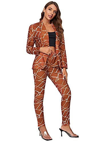 Shein Women's Two Piece Plaid Open Front Long Sleeve Blazer And Elastic Waist Pant Set Suit Brown Small #TOP4