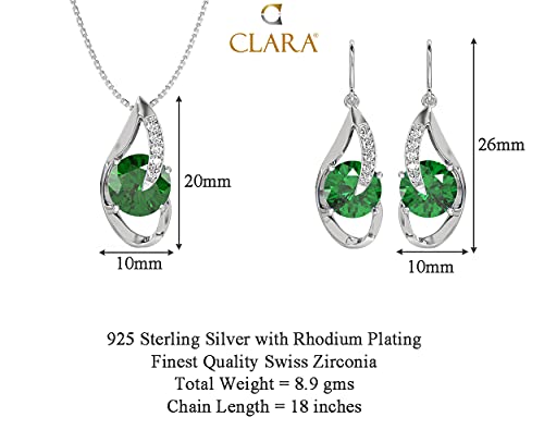Image of CLARA 925 Sterling Silver Dark Green Eye Pendant Earring Chain Jewellery Set | Rhodium Plated, Swiss Zirconia | Gift for Women & Girls