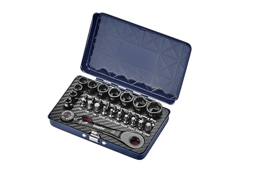kauplus 1/4” Mini Reversible Ratchet Wrench Tool Kit, 32 PCS Low Profile Bit Socket Set, Non-Slip Socket Ratcheting Wrench Tool Box, 5MM-14MM…