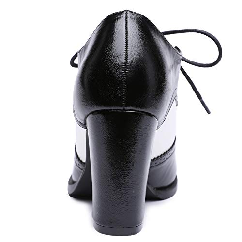 Odema Botas de cano curto femininas de salto alto Oxford com cadarço e ponta de asa, Black/White, 8.