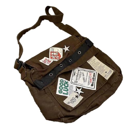 Canvas Messenger Bag for Women Vintage Crossbody Bag Star Patch Grunge Shoulder Bag