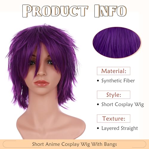 Image of S-noilite Unisex Short Purple Wig Women Men's Anime Cosplay Wigs Straight Synthetic Hair Short Layered Fluffy Pixie Full Wig for Halloween Comic-cons Costume Party (Purple)