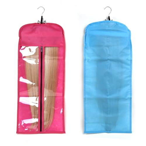 Buyoget Suporte para extensões de cabelo com saco de armazenamento, 2 unidades, cor rosa e azul de madeira, suporte para extensões de cabelo, para pentear, trançar, lavar