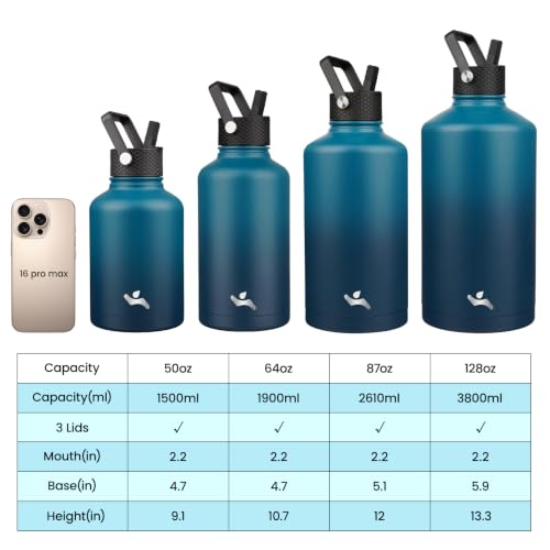 Image of Konokyo Insulated Water Bottle with Straw,50 oz 3 Lids Water Jug with Carrying Bag,Paracord Handle,Double Wall Vacuum Stainless Steel Metal Flask,Indigo Black
