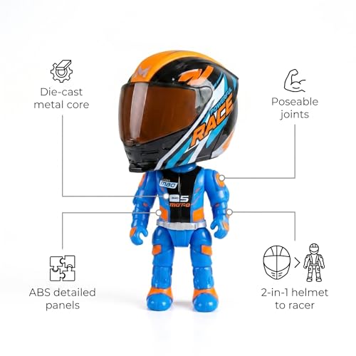 Image of Questsole 2-in-1 Die-Cast Helmet Transformer - Metal Racing Helmet to Poseable Biker Action Figure, Desk Collectible & Showpiece for MotoGP F1 Bike Lovers, Gift for Men & Boys - Blue