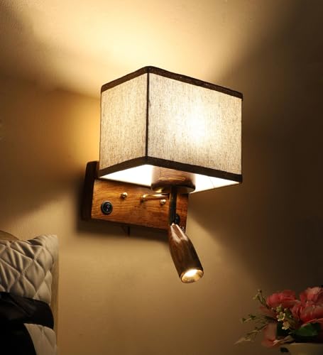 Image of Greenhouse Fully Handmade Sheesham Wood Wall Light Lamp | Khadi Fabric Shade with E27 Bulb Holder (Bulb Included) | Focus Light - 3W Warm White LED | Bedroom, Living Room, Hall, Office, Hotels