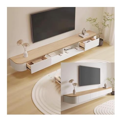 Image of Floating TV Stand Wall Mounted - Wall Entertainment Center with Flip-Down Doors & Drawers, Modern Hanging TV Shelf for Living Room, Media Console for 65 /75 80 Inch TVs (White+Wood, 47.2IN /120CM)