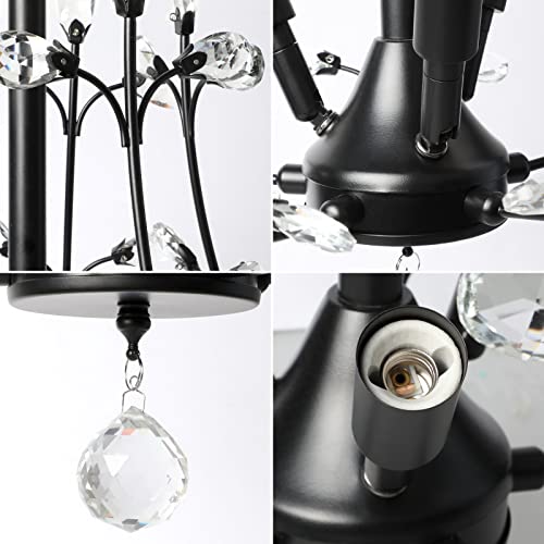 Unicozin Vintage Clear Crystal Branch Chandelier, 3 Lights Pendant Hanging Light E12 Base, Ceiling Light Fixture for Living Room, Dining Room, Restaurant, Porch, Hallway (Matte Black)