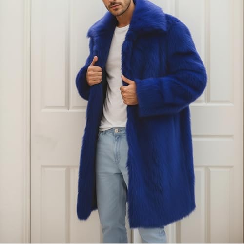 Image of Colf Men's Winter Fluffy Lapel Faux Fur Coat Jacket | Mens Faux Fur Jacket, Winter Long Overcoat, Long Sleeve, Fluffy, Thik Warm
