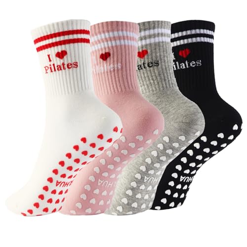 Yoga Socks for Women,Heart Grip Funny Pilates Socks Cuffs,Anti-Skid Cotton Grip for Barre,Home,Studio 4Pairs