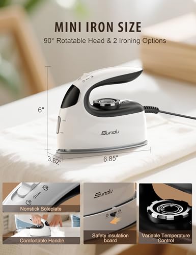 Image of Sundu Mini Steam Iron, Mini Travel Steam Iron, Small Portable Clothes Mini Iron with Rotary Temperature Control, Safety Base for Travel, Quilting & Sewing | Mini Iron for Sewing, White