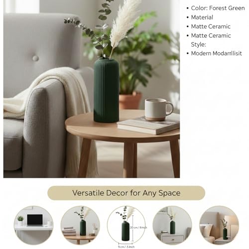 Image of KREATIVE ART'S Modern Ribbed Design Ceramic Flower Vase for Living Room, Flower Pots for Artificial Flower, Home Decoration Item, Home Decor, Vases for Living Room (Dark Green, Medium)
