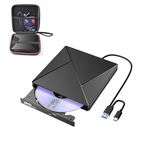 BHHB Lector CD Externo Grabadora CD DVD Unidad Externa con USB 3.0 y USB-C con Funda de Transporte, Unidades Portátil CD/DVD /-RW/ROM Estable para PC/Portátiles/Windows 11/10/8/7/XP/Vista/Linux/MacOS