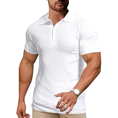 Ryehack Mens Muscle Polo T Shirts Slim Fit Shirts Fashion Golf Shirt Long&Short Sleeve Workout Tee Shirts, White, Medium Cover