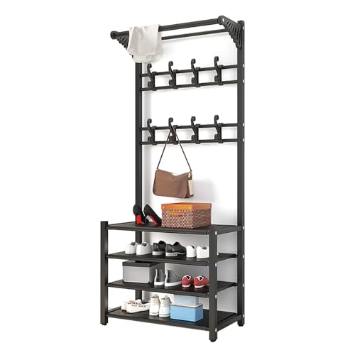 GHHVFEC Banc à Chaussures 3 en 1 avec Porte-Manteau, Range-Chaussures d'entrée, Rangement à Chaussures à 4 Niveaux et Crochets, Meuble de Couloir Moderne...