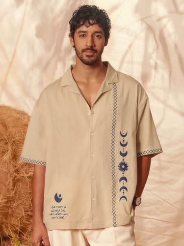 Image of The Souled Store Bloom: Believe Men and Boys Short Sleeves Collared Neck Button Front Beige Embroidered Regular Fit Cotton Shirts