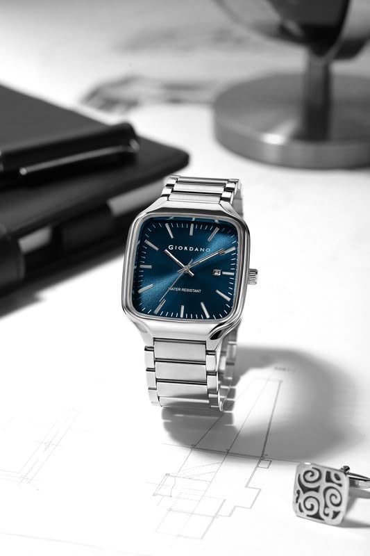 Image of Giordano Analog Watch for Men - Square Dial, Stainless Steel Strap, Date Display, Water Resistant Classic Dress Watch