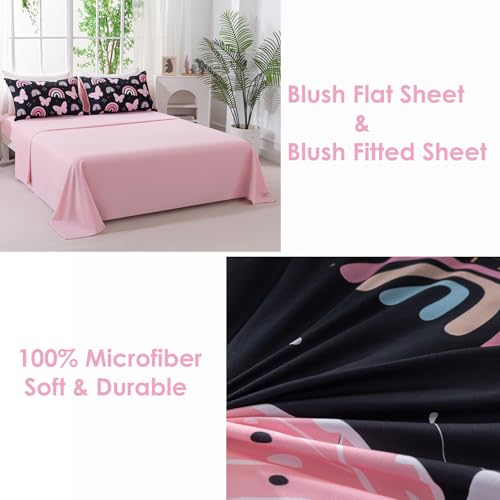 Image of Full Size Comforter Set for Girls - 6 Pieces Black Pink Butterfly Kids Bedding Set with Sheets - Colorful Rainbow Printed Teen Girl Bed in A Bag (Rainbow Butterfly, Full)
