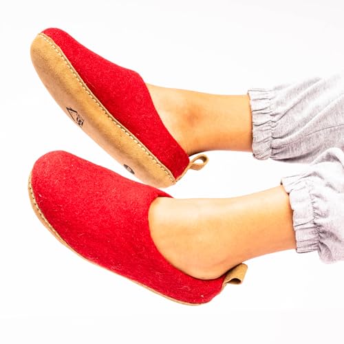 Image of Wool Indoor Slippers - Natural Organic Wool, Genuine Leather Sole, Handmade in Nepal - Cozy, Warm, Soft, Unisex Non-Slip House Shoes for Men & Women - Perfect for Winter Comfort