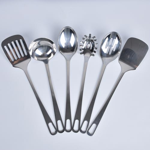 6 Pcs Cooking Utensils Set, Stainless Steel Kitchen Tool, Heat Resistant Metal Utensils Include Solid & Slotted Tuner Wok Spatula, Ladle, Serving Spoon, Pasta Server, Ergonomic Handle, Easy to Clean