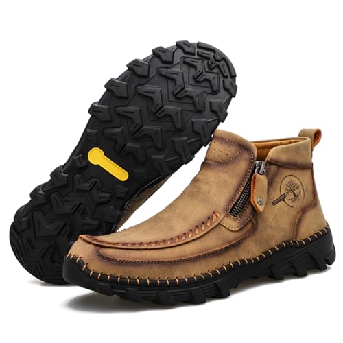 Men's Hand Stitching Leather Slip On Ankle Boots Side Zipper Casual Comfort Moccasin Chukka Boots Outdoor Walking Loafers for Working Driving Hiking (Khaki Plush,9)