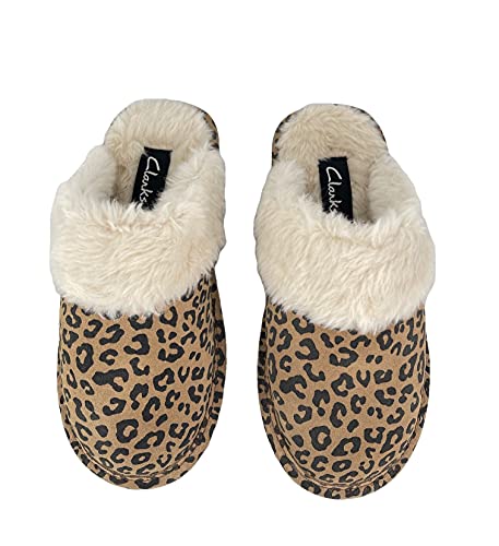 Image of Clarks Womens Open Back Suede Leather Comfort Clog Slipper JMS0583C - Plush Faux Fur Trim - Indoor Outdoor House Slippers For Women