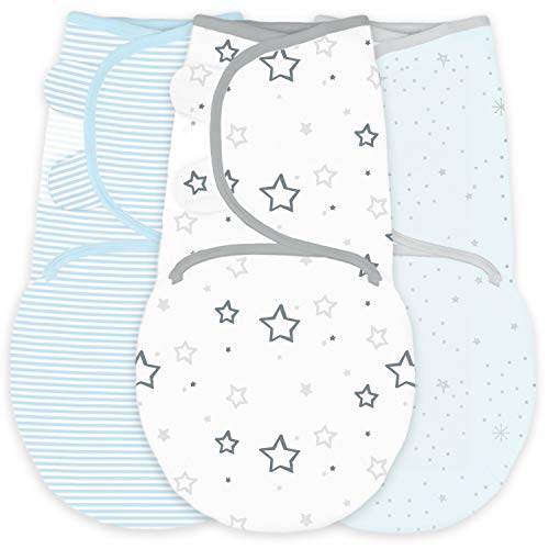 Amazing Baby Swaddle Blanket with Adjustable Wrap, Set of 3, Stars, Stripes and Starry Nite, Pastel Blue, Small